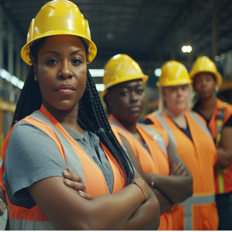 Construction workers in Port Harcourt wearing PPE at a safe construction site, demonstrating Temamost Nigeria Ltd's commitment to HSE management and sustainable building practices.